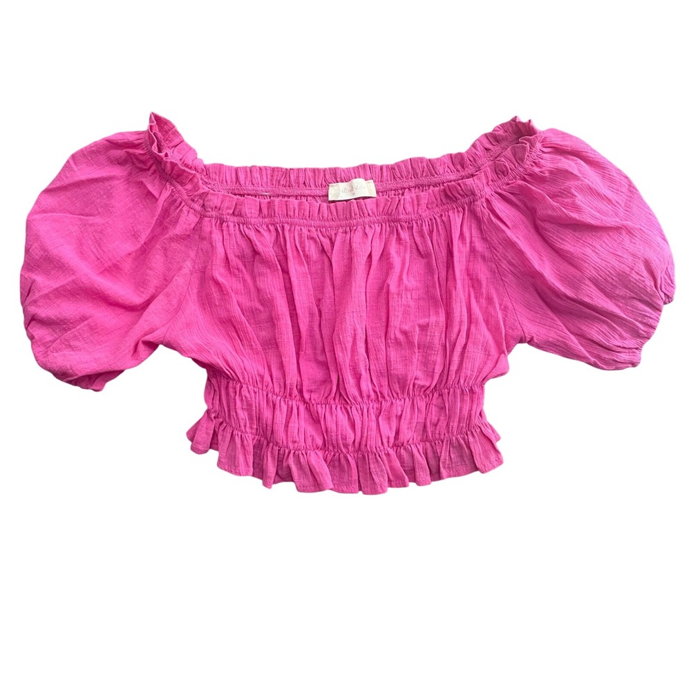 Altard State Women's Pink Off The Shoulder Ruffle Smocked‎ Cropped Top
